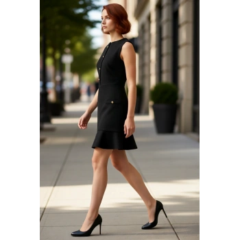 Kadın Tüvit Düğmeli A Kesim Kolsuz Mini Elbise Şık Bisiklet Yaka Tasarımıyla Kış Kombinlerine