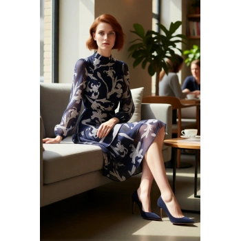 Kadın Uzun Balon Kol Dik Yaka Midi Skater Çiçekli Fırfırlı Şifon Astarlı Şık Elbise Modeli