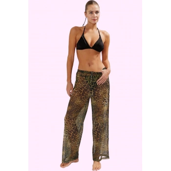 Kadın Uzun Boy Örme Boru Paça Plaj Pantolonu Çok Leopar Desenli Normal Bel Yazlık Günlük Kullanım