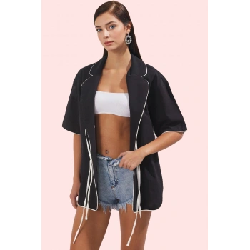 Kadın Uzun Gömlek Yaka Kruvaze Pamuklu Plaj Gömleği Günlük Şıklık Yaz Aylarının Vazgeçilmezi