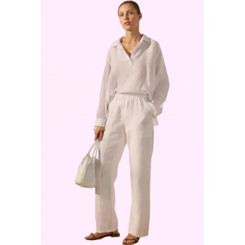 Kadın Uzun Keten Pantolon Geniş Paça Yüksek Bel Dokuma Kumaş Günlük Yaz Aylarının Vazgeçilmezi