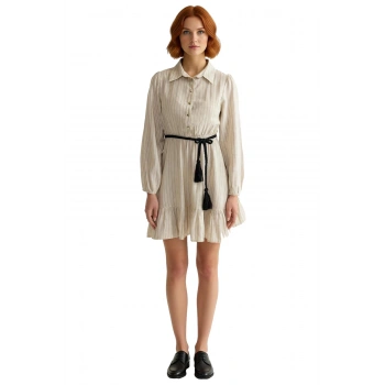 Kadın Uzun Kol Çizgili Gömlek Yaka Düğmeli Keten Görünümlü Skater Kesim Mini Elbise Sonbahar