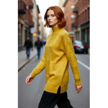 Kadın Uzun Kol Dik Yaka Regular Kalıp Geometrik Desen Triko Tunik Kazak Günlük Şıklığı Tamamlar