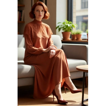 Kadın Uzun Kol Dik Yaka Skater Elbise Dokuma Polyester Kumaş Şık Gece Kombinlerinin Vazgeçilmezi