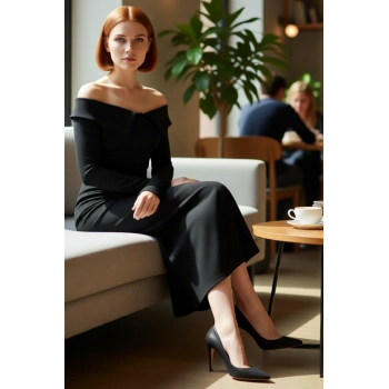 Kadın Uzun Kol Düz Kaşkorse Bodycon Elbise Carmen Yaka ile Günlük Kış Zarafeti Yaratır Kaliteli