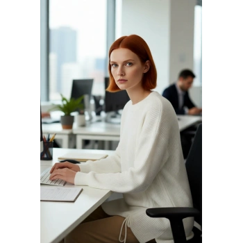 Kadın Uzun Kol Kışlık Ekru Selanik Örgü Triko Kazak Düşük Omuz Asimetrik Büzgü Detayı Kaliteli