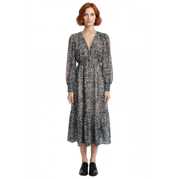 Kadın Uzun Kol V Yaka Skater Siluet Soyut Desenli Midi Elbise Şifon Dokuma Kış Günleri Zarafeti