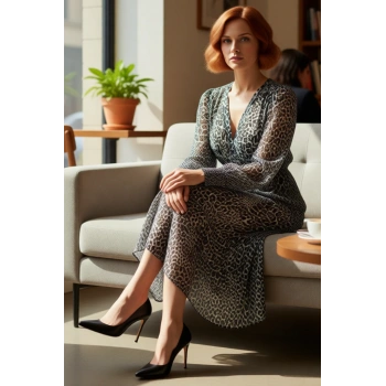 Kadın Uzun Kol V Yaka Skater Siluet Soyut Desenli Midi Elbise Şifon Dokuma Kış Günleri Zarafeti