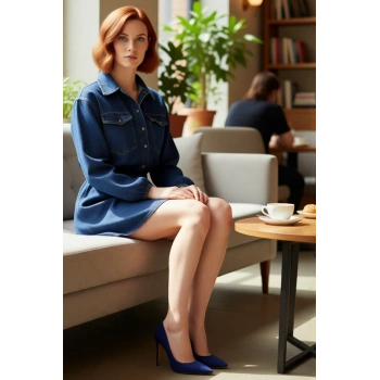 Kadın Uzun Kollu A Kesim Skater Denim Elbise %100 Pamuk Gömlek Yaka Lastikli Bel Detaylı Kaliteli