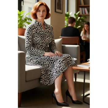Kadın Uzun Kollu A Line Kısa Örme Etnik Desenli Polo Yaka Bürümcük Günlük Elbise Modern Stil