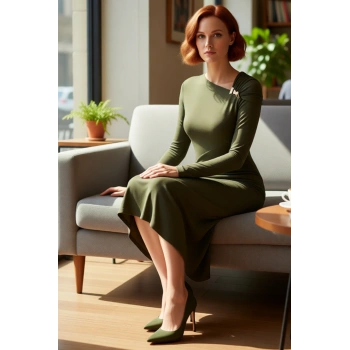 Kadın Uzun Kollu Asimetrik Yaka Bodycon Kesim Örme Maxi Elbise Mezuniyet Balo Şıklığı İçin