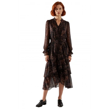 Kadın Uzun Kollu Astarlı Şifon Midi Elbise Şal Desenli Anahtar Deliği Yaka Skater Kalıp Sonbahar Kış