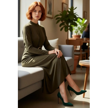 Kadın Uzun Kollu Bodycon Kesim Örme Sandy Maxi Elbise Dik Yaka Detaylı Zarif Ve Rahat Stil