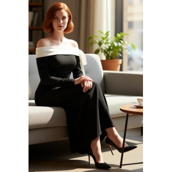 Kadın Uzun Kollu Bodycon Maxi Elbise Carmen Yaka Scuba Krep Şık Gece Davetleri İçin İdeal Seçim