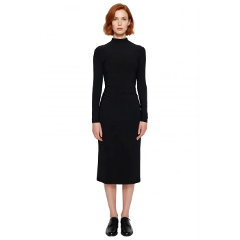 Kadın Uzun Kollu Bodycon Siluet Dik Yaka Midi Örme Elbise Drape Detaylı Kışlık Şıklık Kaliteli