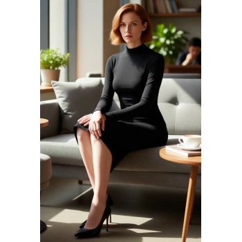 Kadın Uzun Kollu Bodycon Siluet Dik Yaka Midi Örme Elbise Drape Detaylı Kışlık Şıklık Kaliteli