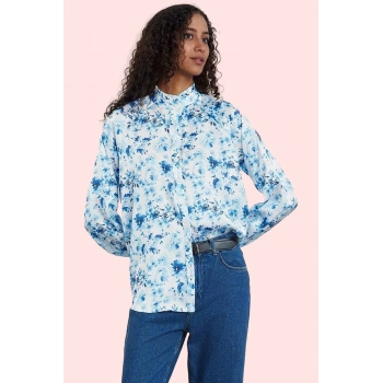 Kadın Uzun Kollu Çiçek Desenli Saten Gömlek Dik Yaka Yazlık Günlük Yaz Aylarının Vazgeçilmezi
