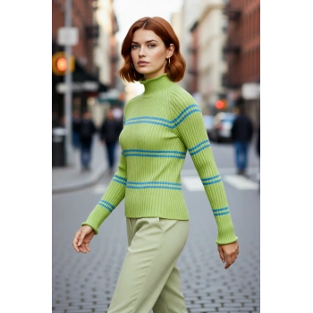 Kadın Uzun Kollu Çizgili Dik Yaka Triko Kazak Basic Rahat Kesim Fitilli Dokuma Günlük Şıklık