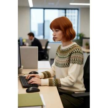 Kadın Uzun Kollu Etnik Desenli Regular Fit Bisiklet Yaka Triko Kazak Günlük Şıklık ve Sıcaklık