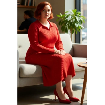Kadın Uzun Kollu Fitilli Polo Yaka Bodycon Triko Elbise Midi Boy Soğuk Havalar İçin İdeal Kaliteli
