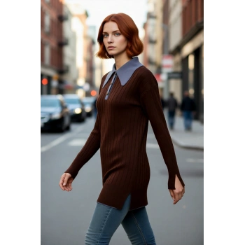 Kadın Uzun Kollu Fitted Triko Kazak Polo Yaka Detaylı Akrilik Dokulu Günlük Şıklık İçin Kaliteli