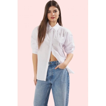 Kadın Uzun Kollu Gömlek; Oversize Terrycotton Kumaş Çiçek Detay İş ve Günlük Modern Tasarım