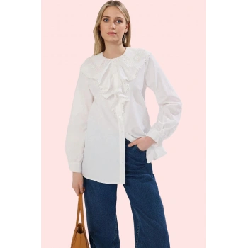 Kadın Uzun Kollu Gömlek Terrycotton Dokuma Dantel Detaylı Günlük Stil Yaz Aylarının Vazgeçilmezi