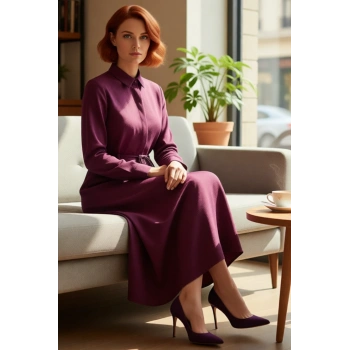 Kadın Uzun Kollu Gömlek Yaka Maxi Boy A Line Kesim Düz Dokuma Tesettür Günlük Elbise Kaliteli