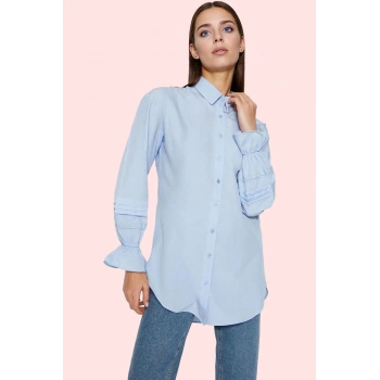 Kadın Uzun Kollu Gömlek Yaka Terrycotton Dokuma Bluz Dantel Detay Günlük Kullanım Hafta Sonu