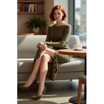 Kadın Uzun Kollu Haki Triko Elbise A line Fitilli Dokusuyla Gündüz Gece Şıklığı Kaliteli Şık