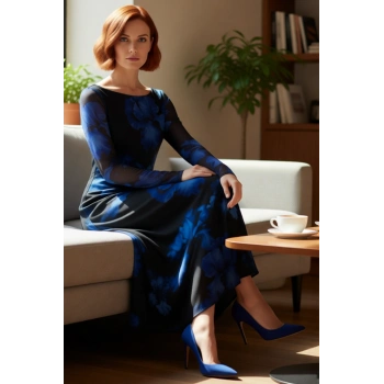 Kadın Uzun Kollu Kayık Yaka Bodycon Maxi Elbise Sırt Dekolteli Tül Dokulu Soyut Çiçekli Şık