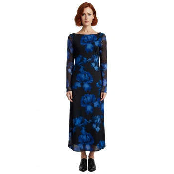 Kadın Uzun Kollu Kayık Yaka Bodycon Maxi Elbise Sırt Dekolteli Tül Dokulu Soyut Çiçekli Şık