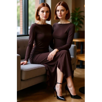 Kadın Uzun Kollu Kayık Yaka Eteği Fırfırlı Bodycon Maxi Elbise Modern Ve Zarif Kış Stili Kaliteli