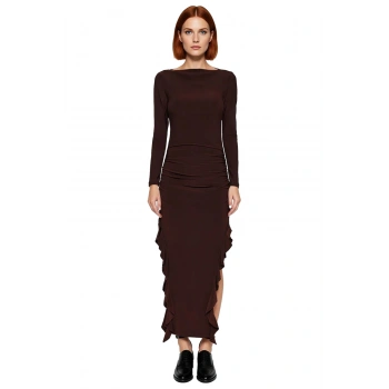 Kadın Uzun Kollu Kayık Yaka Eteği Fırfırlı Bodycon Maxi Elbise Modern Ve Zarif Kış Stili Kaliteli