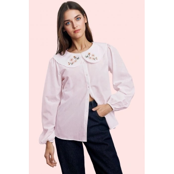 Kadın Uzun Kollu Pamuklu Gömlek Bebe Yaka Çiçek Nakış Detaylı Günlük Şıklık Modern Tasarım
