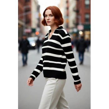 Kadın Uzun Kollu Rahat Kalıp Çizgili Triko Kazak Polo Yaka Detaylı Soğuk Günler İçin İdeal