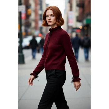 Kadın Uzun Kollu Regular Kesim Dik Yaka Ajur Desenli Bağcıklı Triko Kazak Kışlık Basic Stil