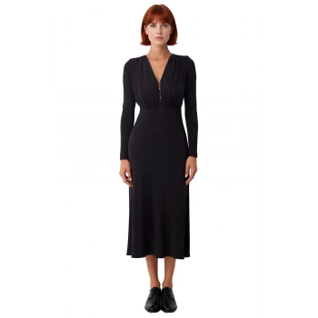 Kadın Uzun Kollu Siyah Elbise Derin V Yaka Kesimi Ve Agrafe Detayı İle Etkileyici Şıklık Kaliteli