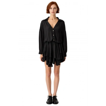 Kadın Uzun Kollu Siyah Şifon Mini Elbise Gömlek Yaka Düşük Kol Kesimiyle Günlük Şıklık Sunan Kışlık