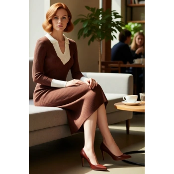 Kadın Uzun Kollu Triko Midi Elbise Polo Yaka Renk Bloklu Bodycon Kesim Günlük Ve Ofis Şıklığı