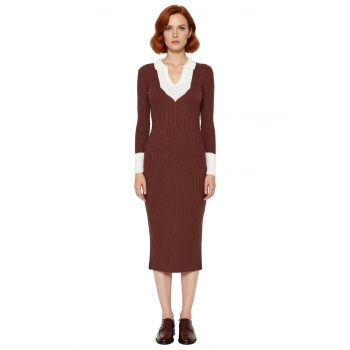 Kadın Uzun Kollu Triko Midi Elbise Polo Yaka Renk Bloklu Bodycon Kesim Günlük Ve Ofis Şıklığı