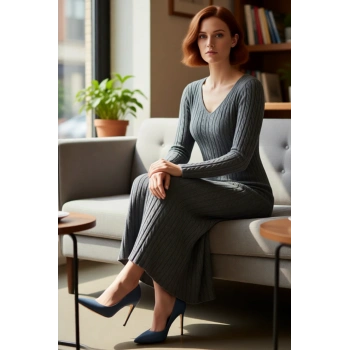 Kadın Uzun Kollu Triko Saç Örgü Desenli V Yaka Maxi Elbise A Line Kesim Kış Günlük Kombinlerde