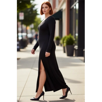 Kadın V Yaka A Kesim Uzun Kollu Maxi Örme Elbise Şık Düz Tasarım Gündüz Gece Kombinleri İçin İdeal