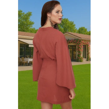 Kadın V Yaka Bağlamalı Pamuklu Mini Elbise Plaj Şıklığı Premium Kalite Kaliteli İşçilik