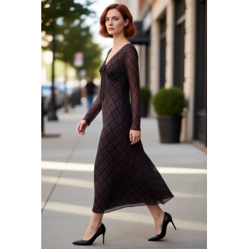 Kadın V Yaka Bodycon Ekose Maxi Elbise Bağlama Detaylı Uzun Kollu Şık Tül Dokulu Kışlık Kombin