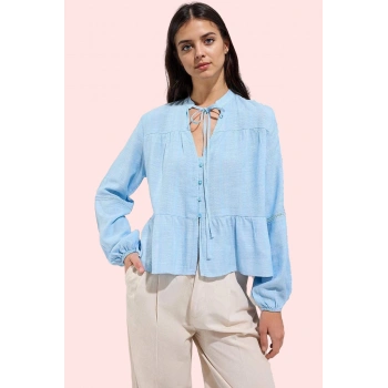 Kadın V Yaka Dokulu Kumaş Uzun Kollu Gömlek Günlük Stil Hafta Sonu Yaz Aylarının Vazgeçilmezi