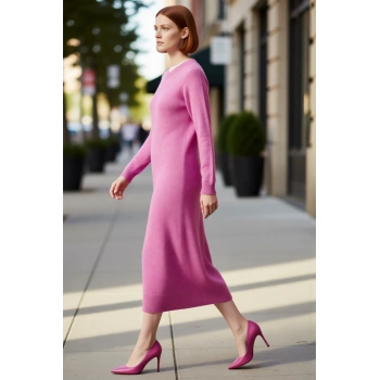 Kadın V Yaka Düşük Kol Shift Kesim Kuşaklı Maxi Boy Düz Triko Elbise Kış Kombinlerinin Vazgeçilmezi