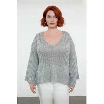 Kadın V Yaka Düz Fitilli Triko Kazak Rahat Regular Kalıp Düşük Uzun Kol İlkbahar Sonbahar Şıklığı