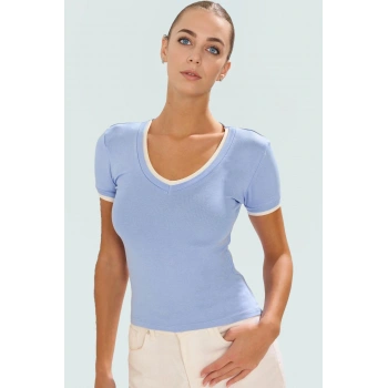 Kadın V Yaka Kısa Kollu Fitted Viskon Ribana Bluz Günlük Kullanım Konforlu Kesim Rahat Ve Şık