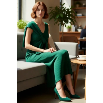 Kadın V Yaka Kolsuz Midi Triko Elbise Ve Bisiklet Uzun Kollu Kazak İkili Şık Takım Kaliteli